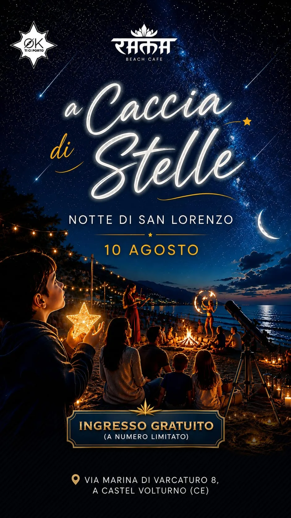 Locandina A Caccia di Stelle – Notte di San Lorenzo 2026 al Rama Beach Cafe di Castel Volturno, 10 agosto, ingresso gratuito a numero limitato