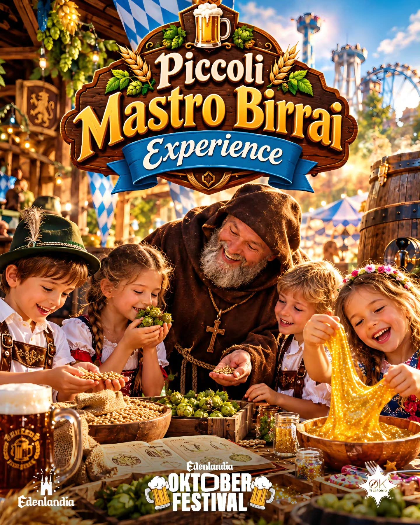 Locandina Piccoli Mastro Birrai Experience: il Monaco Paolino con i bambini tra luppolo, cereali e slime dorato all'Oktober Festival di Edenlandia