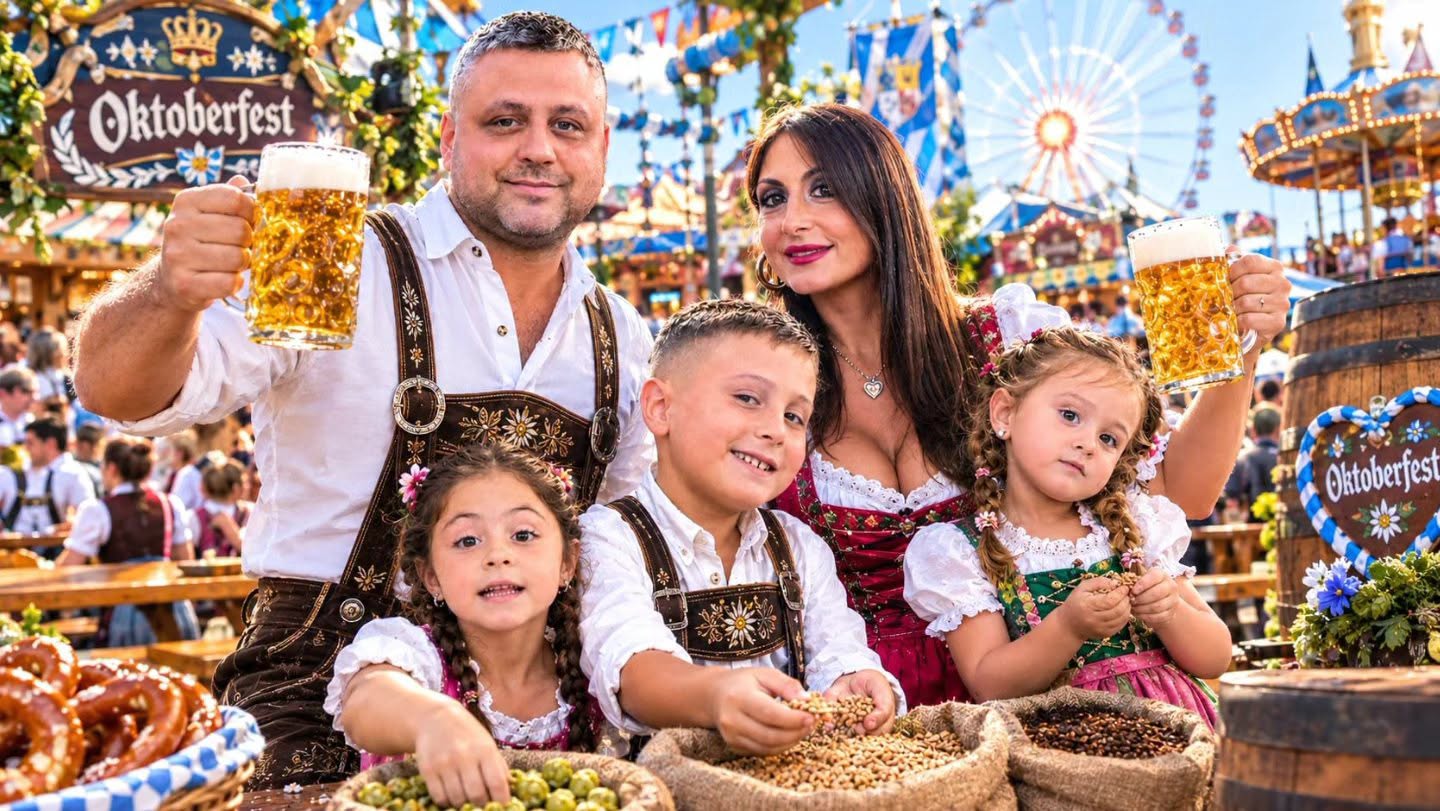 Famiglia con tre bambini vestiti in stile bavarese con boccali di birra e pretzel all'Oktober Festival di Edenlandia